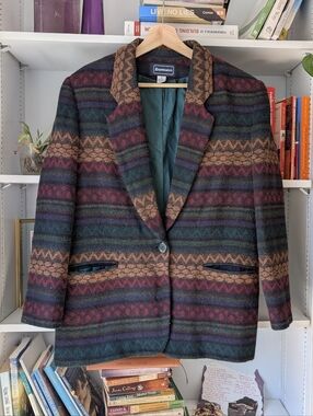 Vintage Women Patterned Wool Blend Blazer Jacket Size 12 Large Southwestern 90s